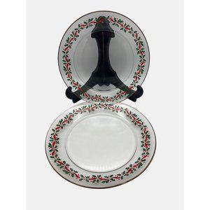 2 Clear Glass Christmas Salad Plates with Holly & Ribbon Design and Gold Trim 8"